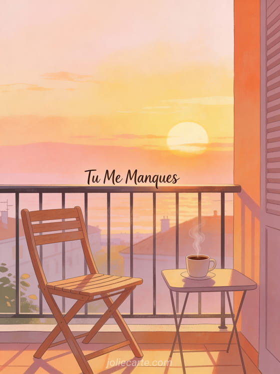 Tasse de café fumante sur balcon avec chaise vide et lever de soleil et le texte Tu Me Manques