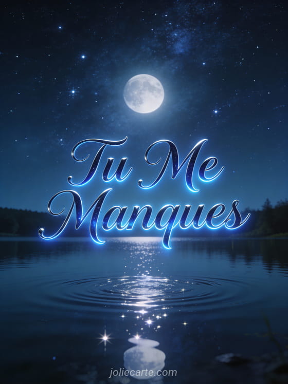 Ciel étoilé au-dessus d'un lac calme avec reflets et le texte Tu Me Manques