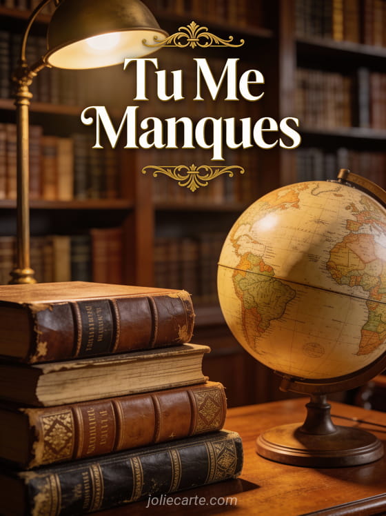 Globe ancien avec livres reliés cuir sous lampe de bibliothèque et le texte Tu Me Manques