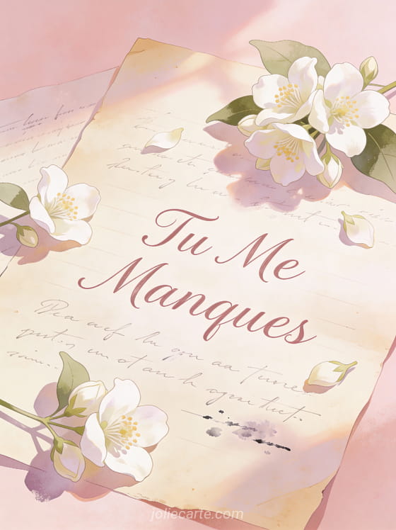 Fleurs de jasmin délicates sur une lettre manuscrite avec le texte Tu Me Manques