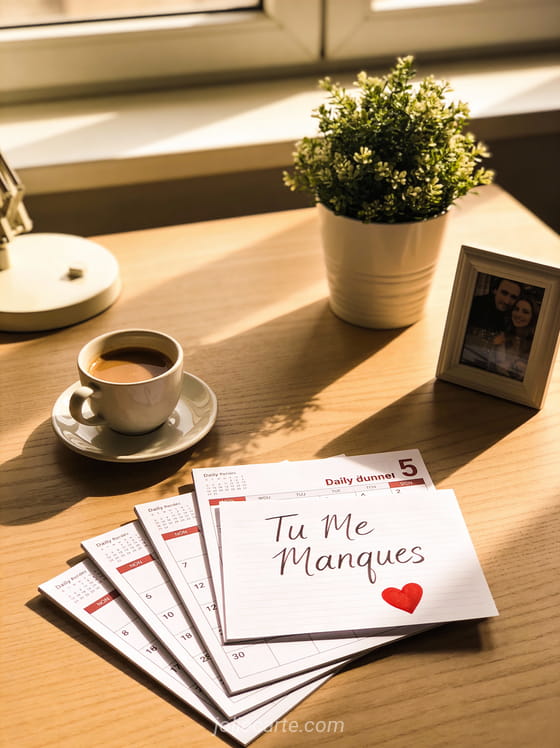 Pages de calendrier avec cœur rouge sur une date sur un bureau intime et le texte Tu Me Manques