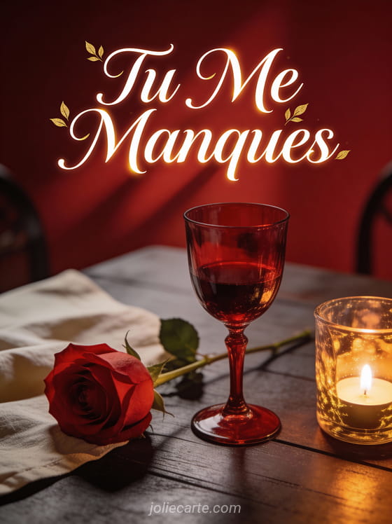 Verre de vin rouge avec rose sur table romantique aux chandelles et le texte Tu Me Manques