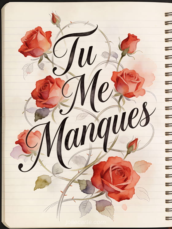 Dessin aquarelle de roses rouges entrelacées style carnet de croquis et le texte Tu Me Manques