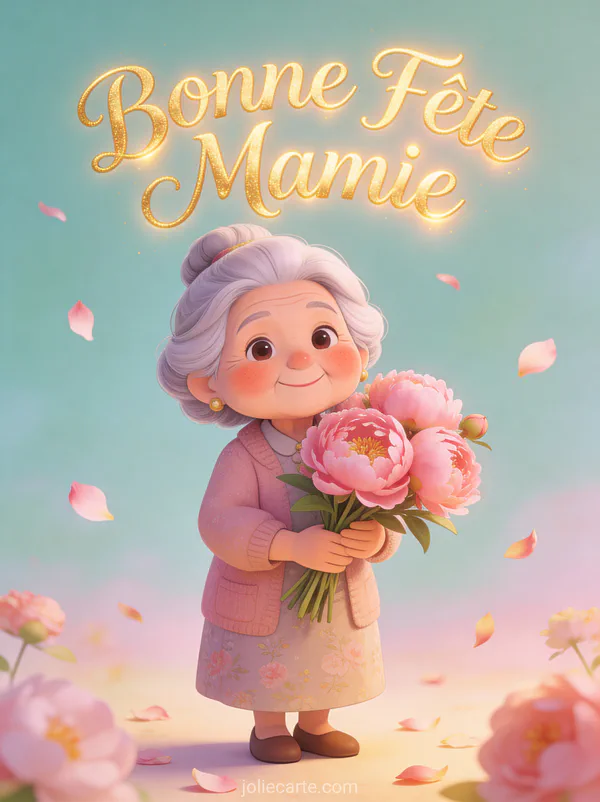 Illustration cartoon d'une grand-mère souriante tenant un bouquet de pivoines roses avec le texte Bonne Fête Mamie