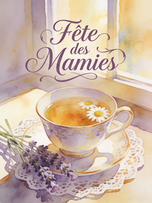 Tasse de thé à la camomille sur napperon en dentelle avec brins de lavande et texte Fête des Mamies