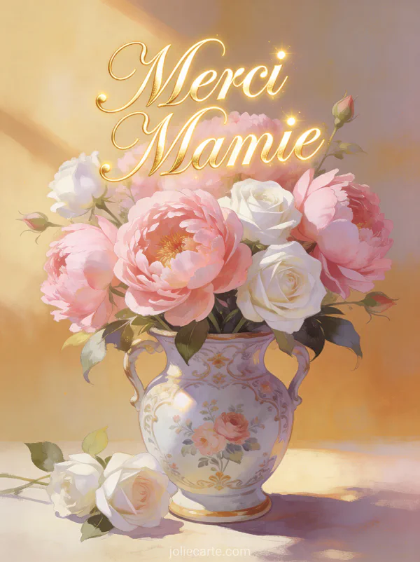 Bouquet de pivoines roses et roses blanches dans un vase vintage avec le texte Merci Mamie en lettres dorées