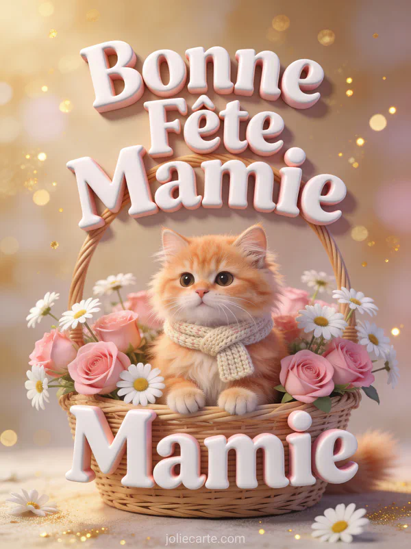 Chat roux avec écharpe tricotée dans un panier de roses et marguerites avec le texte Bonne Fête Mamie