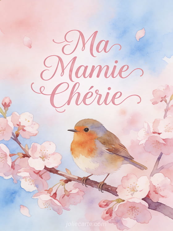 Illustration aquarelle d'un rouge-gorge sur une branche de cerisier en fleurs avec le texte Ma Mamie Chérie