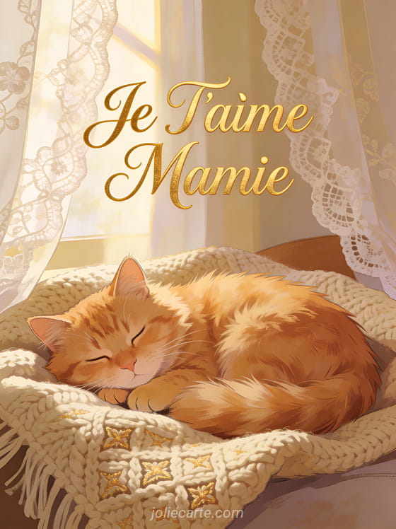 Chat roux endormi sur une couverture tricotée avec le texte Je T'aime Mamie en lettres dorées