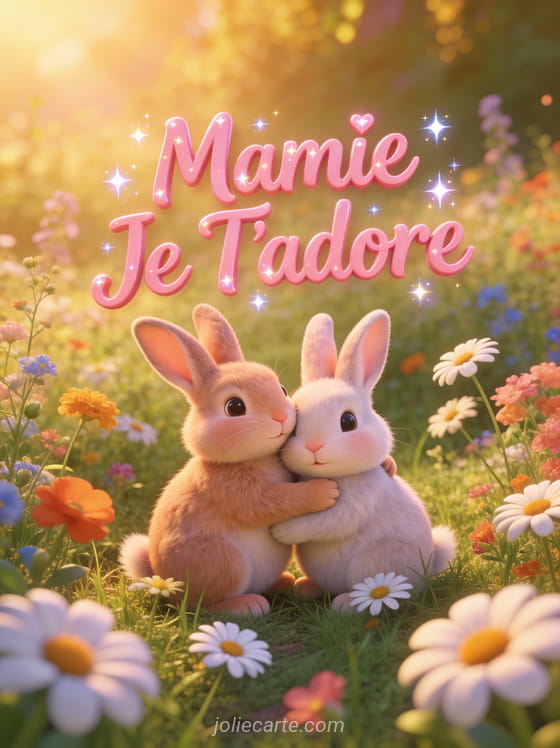 Deux lapins mignons se câlinant dans une prairie fleurie de marguerites avec le texte Mamie Je T'adore en rose