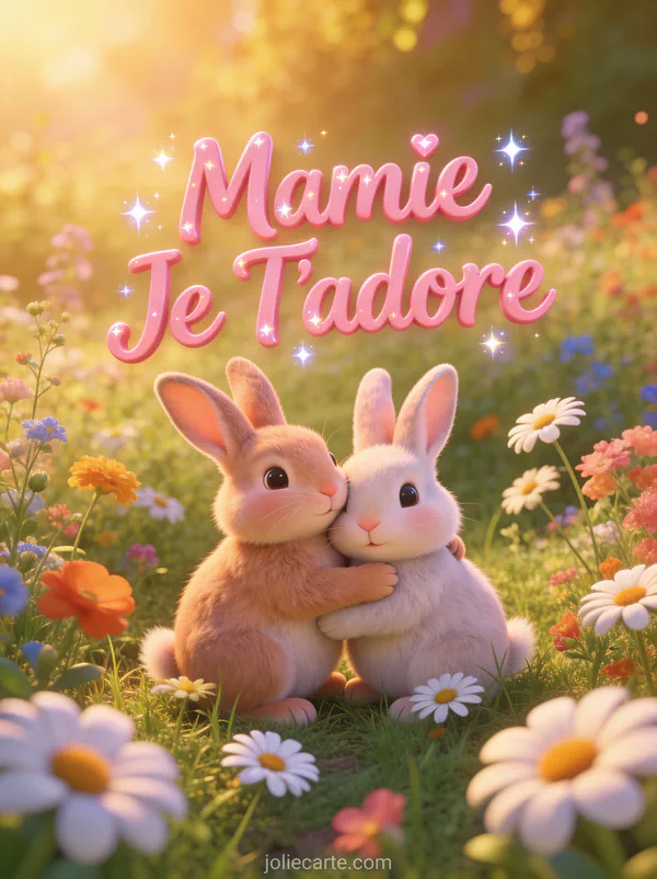 Deux lapins mignons se câlinant dans une prairie fleurie de marguerites avec le texte Mamie Je T'adore en rose