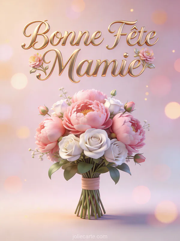 Texte Bonne Fête Mamie en lettres dorées élégantes avec bouquet de pivoines roses et roses blanches sur fond pastel