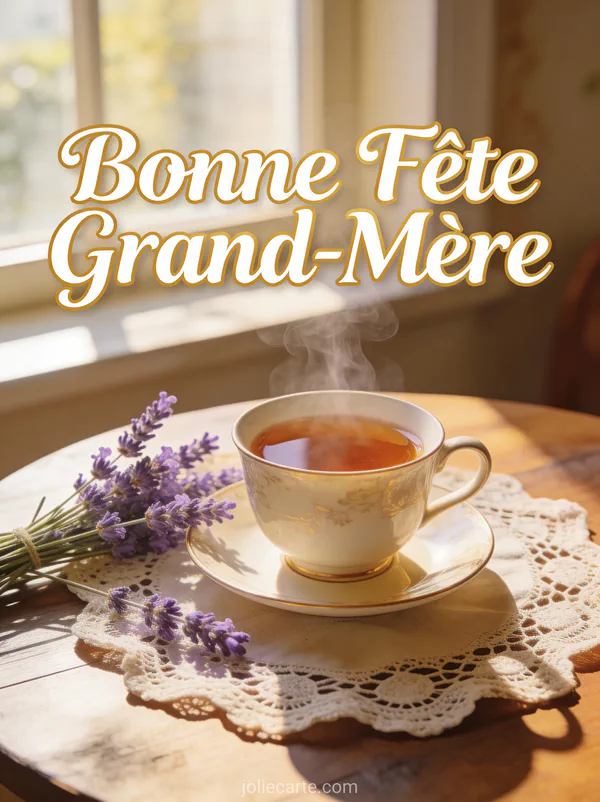 Texte Bonne Fête Grand-Mère en calligraphie blanche et dorée avec tasse de thé fumante et lavande dans une lumière matinale