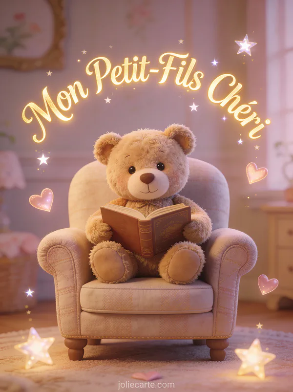 Ourson en peluche vintage assis sur un fauteuil avec un livre de contes et le texte Mon Petit-Fils Chéri