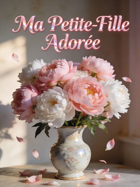 Bouquet de pivoines roses et blanches dans un vase en porcelaine avec le texte Ma Petite-Fille Adorée