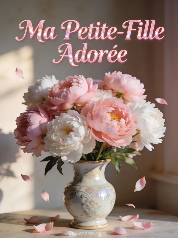 Bouquet de pivoines roses et blanches dans un vase en porcelaine avec le texte Ma Petite-Fille Adorée