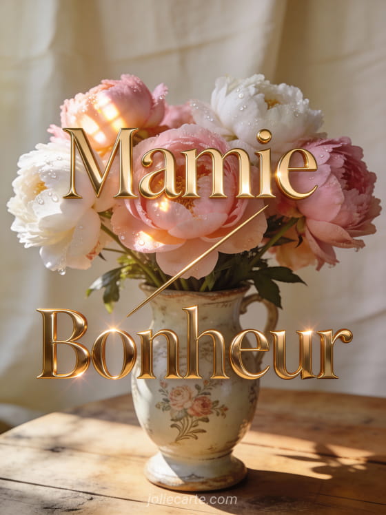 Bouquet de pivoines roses et blanches dans un vase ancien avec le texte Mamie Bonheur en lettres dorées