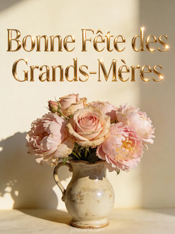 Bouquet de roses anciennes et pivoines dans un vase vintage avec le texte Bonne Fête des Grands-Mères en lettres dorées