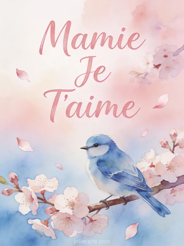 Mésange bleue posée sur une branche de cerisier en fleurs avec le texte Mamie Je T'aime en calligraphie aquarelle