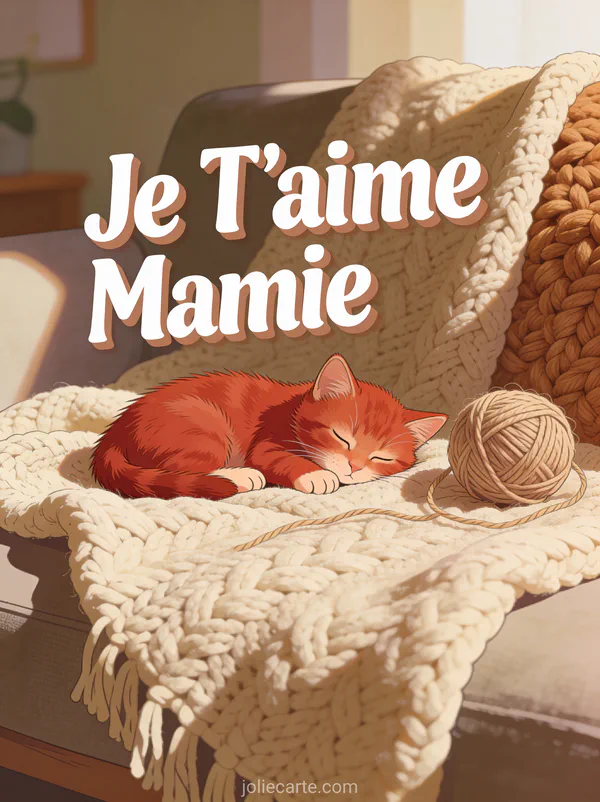Chaton roux endormi sur un plaid tricoté beige avec une pelote de laine et le texte Je T'aime Mamie