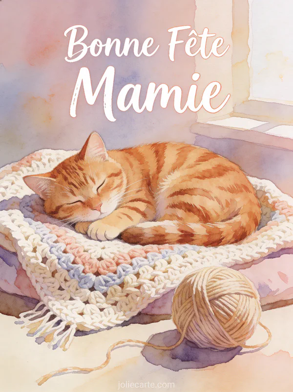 Chat roux tigré endormi sur un plaid en crochet avec pelote de laine et texte Bonne Fête Mamie style aquarelle