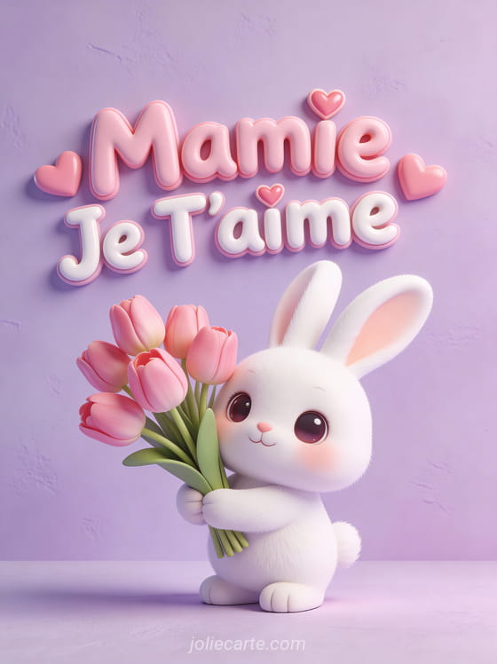 Illustration 3D d'un lapin blanc mignon tenant un bouquet de tulipes roses avec le texte Mamie Je T'aime