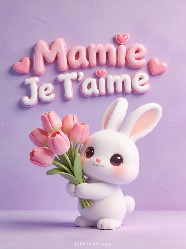 Illustration 3D d'un lapin blanc mignon tenant un bouquet de tulipes roses avec le texte Mamie Je T'aime
