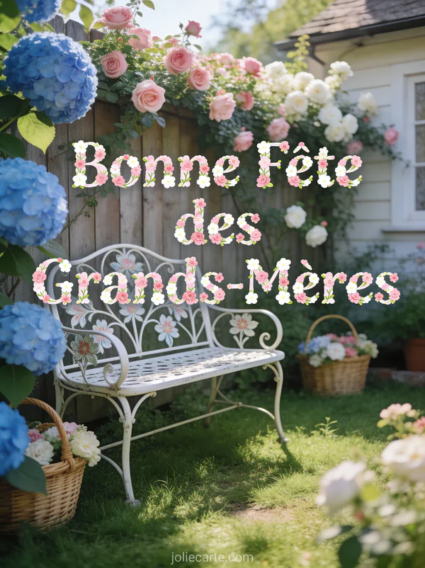 Jardin cottage anglais avec hortensias bleus et roses banc en fer forgé et texte Bonne Fête des Grands-Mères fleuri
