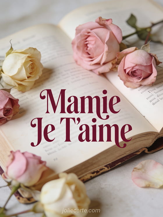 Roses anciennes rose poudré et crème avec un livre ouvert et le texte Mamie Je T'aime en typographie vintage