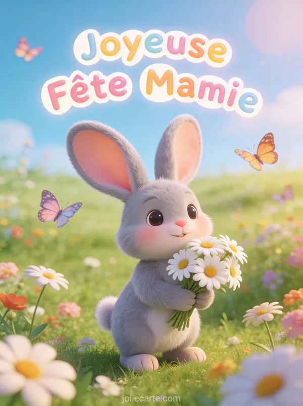 Lapin gris mignon tenant un bouquet de marguerites dans une prairie printanière avec papillons texte Joyeuse Fête Mamie