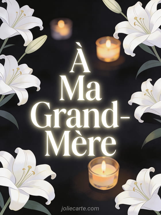Lys blancs et bougies votives sur fond sombre avec le texte À Ma Grand-Mère en lettres blanches délicates