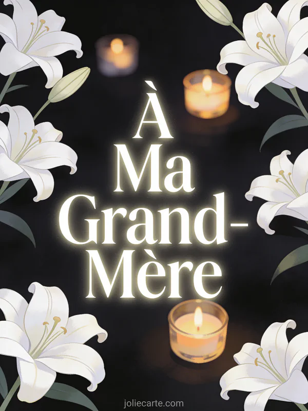 Lys blancs et bougies votives sur fond sombre avec le texte À Ma Grand-Mère en lettres blanches délicates