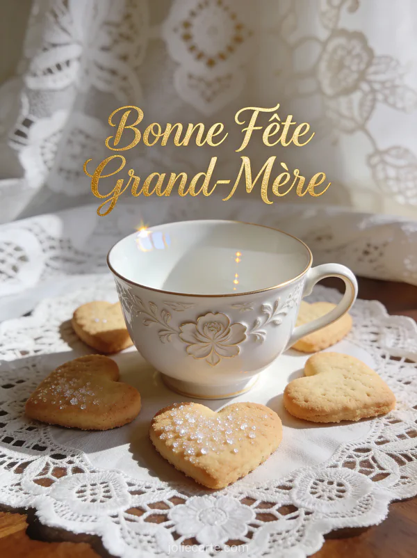 Tasse de thé en porcelaine fine avec biscuits sablés en cœur sur nappe dentelle texte Bonne Fête Grand-Mère calligraphie dorée