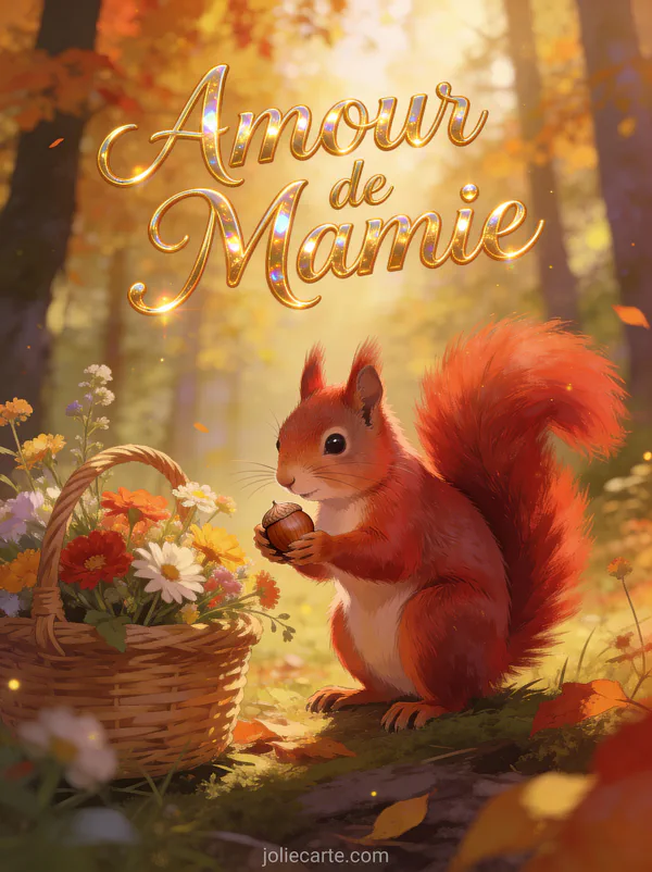 Écureuil roux tenant une noisette près de fleurs sauvages en forêt automnale avec le texte Amour de Mamie