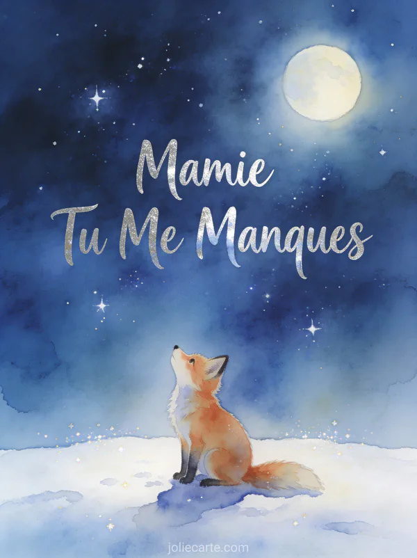Petit renard assis regardant un ciel étoilé dans une clairière enneigée avec le texte Mamie Tu Me Manques