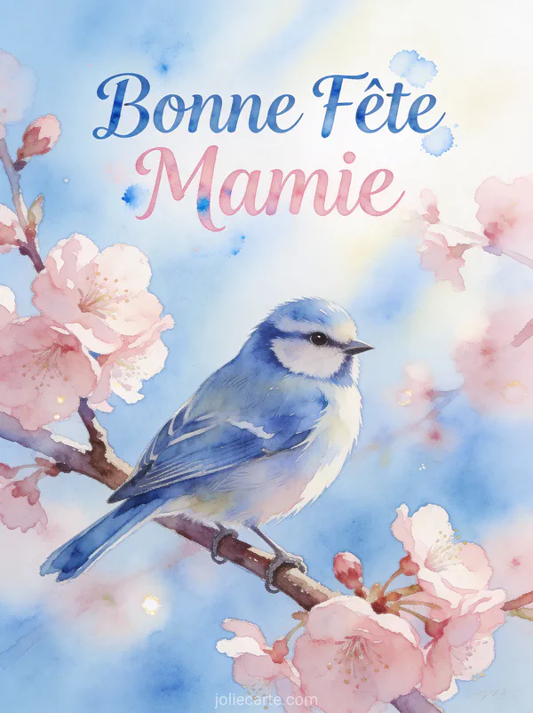 Mésange bleue posée sur branche de cerisier en fleurs roses ciel bleu texte Bonne Fête Mamie aquarelle