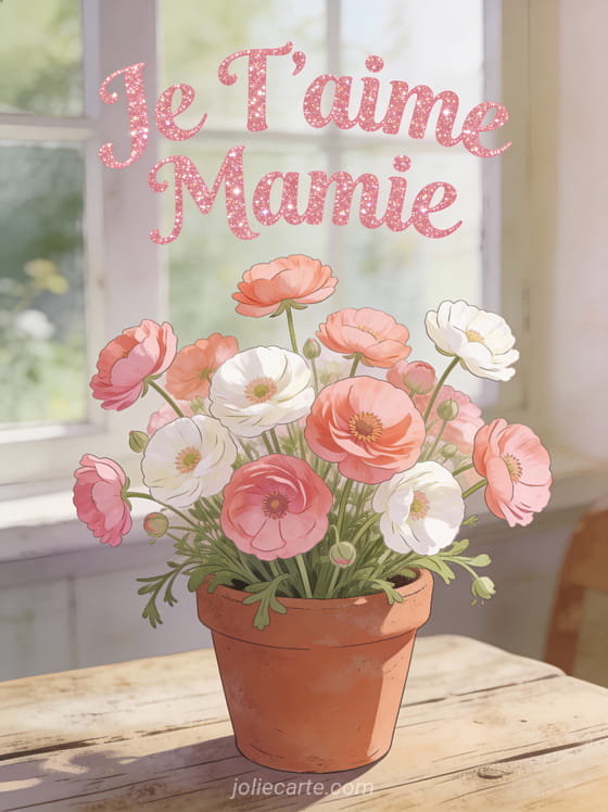Bouquet de renoncules rose saumon et blanches dans un pot en terre cuite avec le texte Je T'aime Mamie