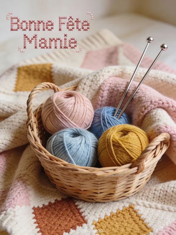 Pelotes de laine pastel dans panier en osier avec aiguilles à tricoter fond plaid texte Bonne Fête Mamie brodé