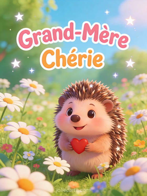 Illustration cartoon d'un hérisson mignon portant un cœur rouge dans un jardin de marguerites avec Grand-Mère Chérie