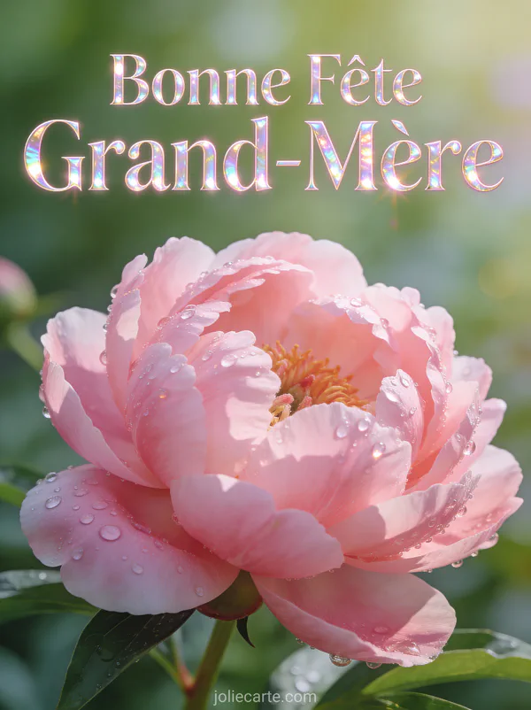 Pivoine rose épanouie en gros plan avec gouttes de rosée sur pétales texte Bonne Fête Grand-Mère nacré