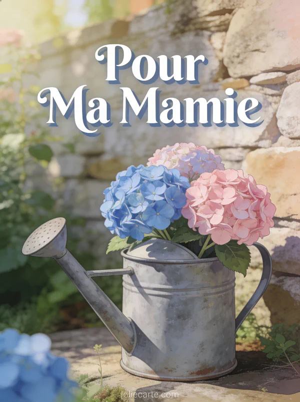 Hortensias bleus et roses dans un arrosoir vintage en zinc avec le texte Pour Ma Mamie