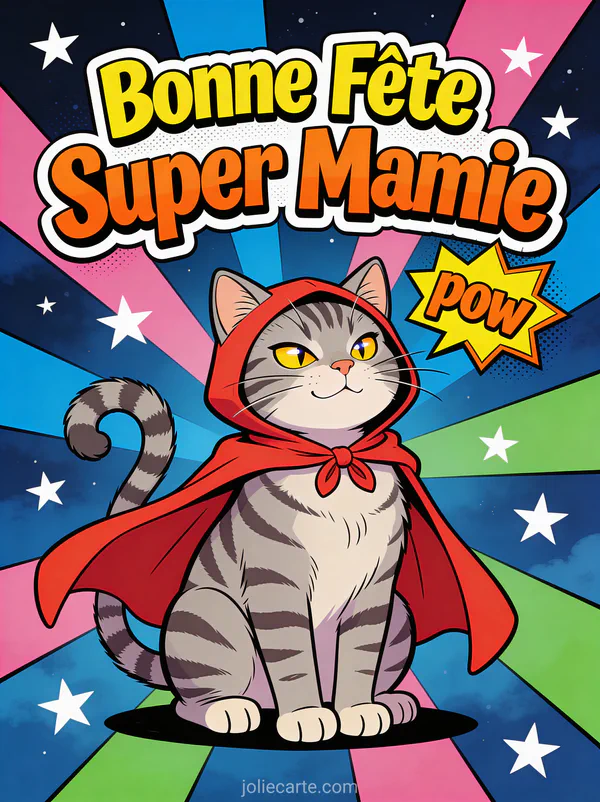 Chat tigré gris portant cape rouge de super-héros fond étoiles colorées texte Bonne Fête Super Mamie comics