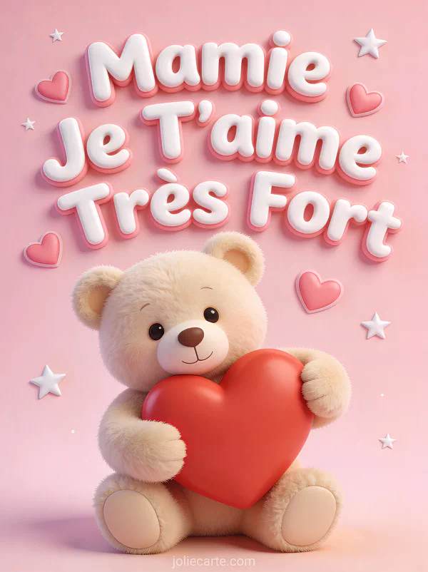 Ours en peluche beige serrant un gros cœur rouge sur fond rose pastel avec Mamie Je T'aime Très Fort