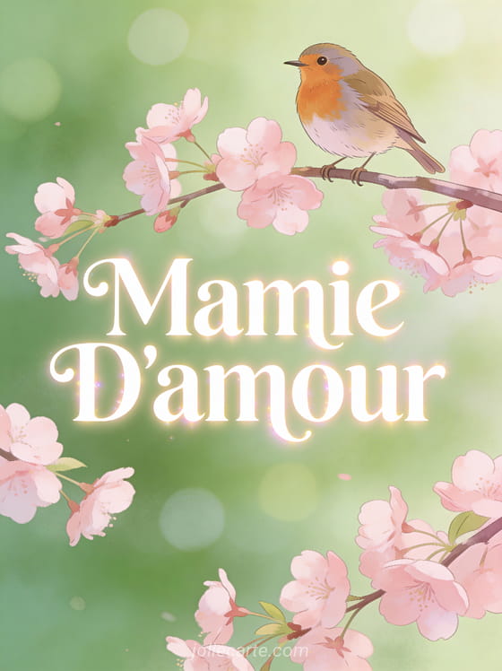 Rouge-gorge posé sur une branche de pommier en fleurs rose pâle avec le texte Mamie D'amour