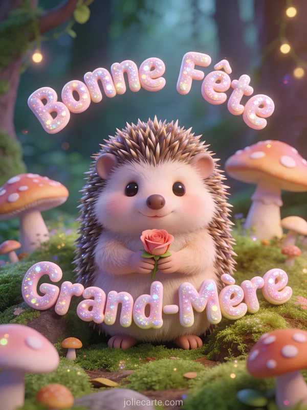 Hérisson mignon tenant une rose entre ses pattes entouré de champignons et mousse forêt texte Bonne Fête Grand-Mère