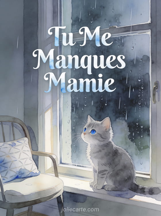 Chaton gris aux yeux bleus regardant par une fenêtre avec des gouttes de pluie et le texte Tu Me Manques Mamie