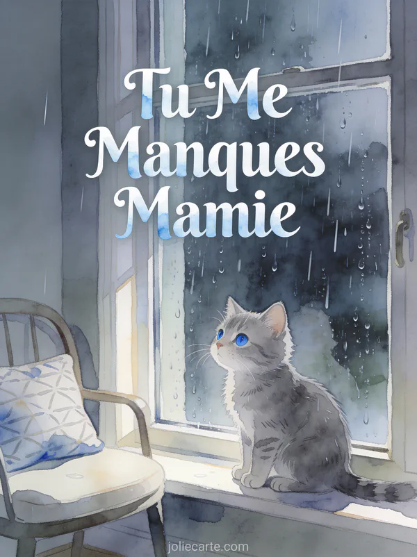 Chaton gris aux yeux bleus regardant par une fenêtre avec des gouttes de pluie et le texte Tu Me Manques Mamie
