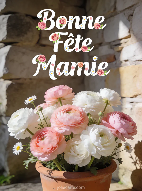 Renoncules roses et blanches dans pot en terre cuite mur pierre ancien texte Bonne Fête Mamie fleuri