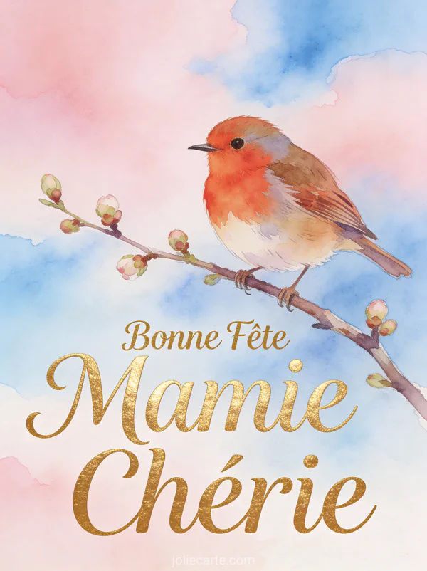 Rouge-gorge posé sur branche avec bourgeons printaniers fond ciel pastel texte Bonne Fête Mamie Chérie aquarelle