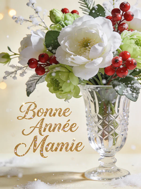 Bouquet de fleurs d'hiver blanches avec baies rouges dans un vase en cristal et le texte Bonne Année Mamie